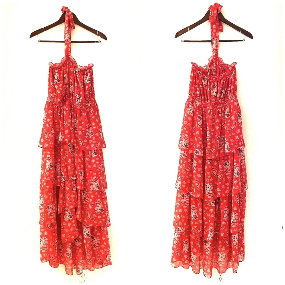 NEW MISA Los Angeles Halter Neck Ruffle Tiered Floral Maxi Dress Red Boho Summer - Picture 14 of 16